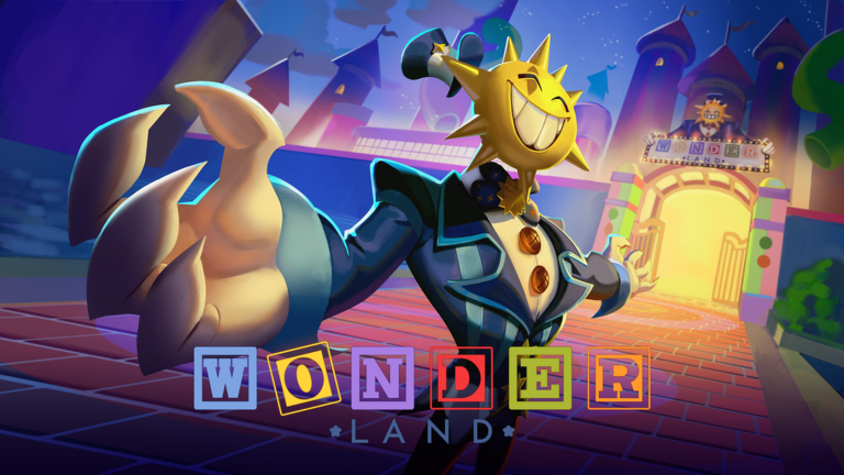 Official Wonderland art of sun-headed Wonder in a striped suit at the park gate